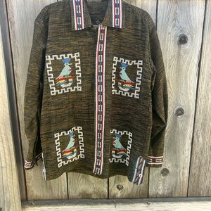 Vintage Hand-Woven Guatemalan Embroidered Quetzal Bird Shirt Jacket Size Medium